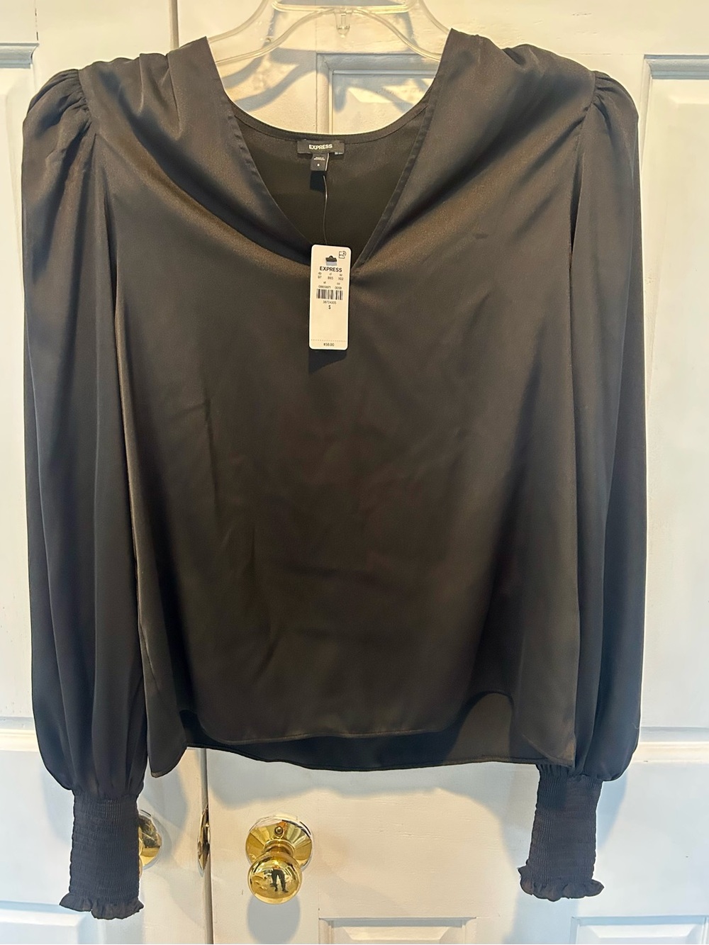 Express Black V-Neck Puff Sleeve Blouse with Smocked Cuffs